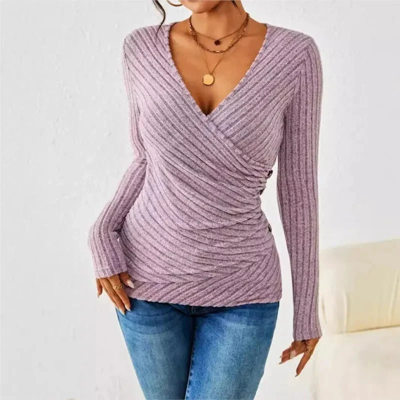 Women’s Ribbed Wrap Top with Ruched V Neck
