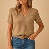 Women’s V-Neck Short Sleeve Blouse with Lace Trim and Textured Fabric