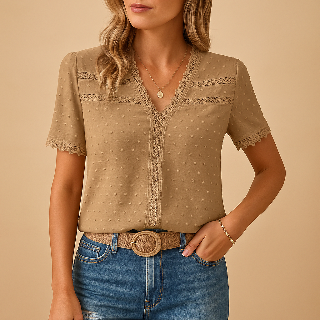 Women’s V-Neck Short Sleeve Blouse with Lace Trim and Textured Fabric