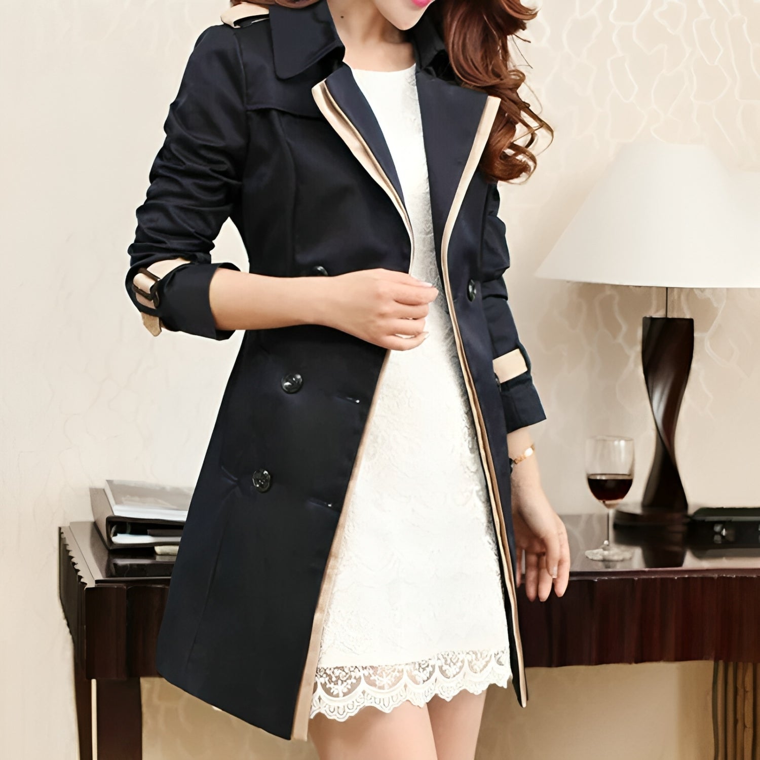 Women’s Double-Breasted Trench Coat with Belted Sleeves