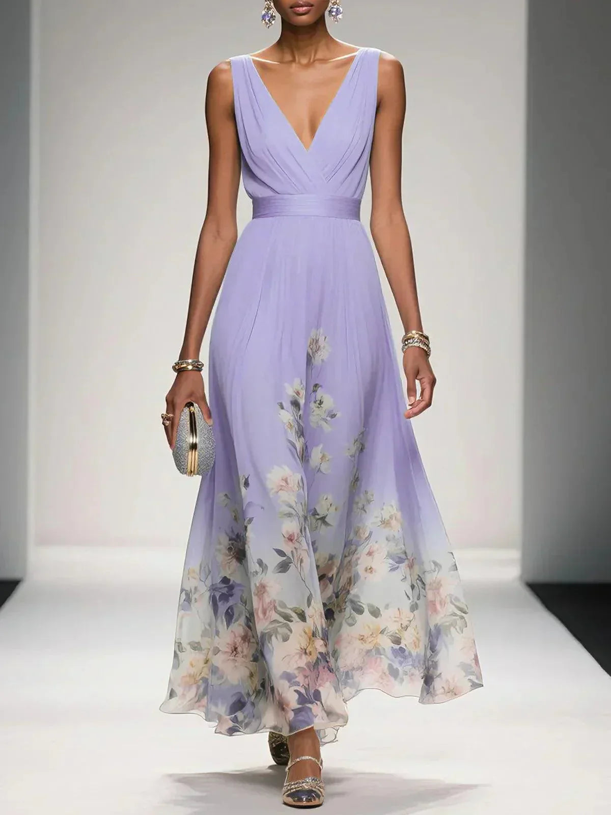 Women’s Floral Wedding Guest Dress with V-Neck