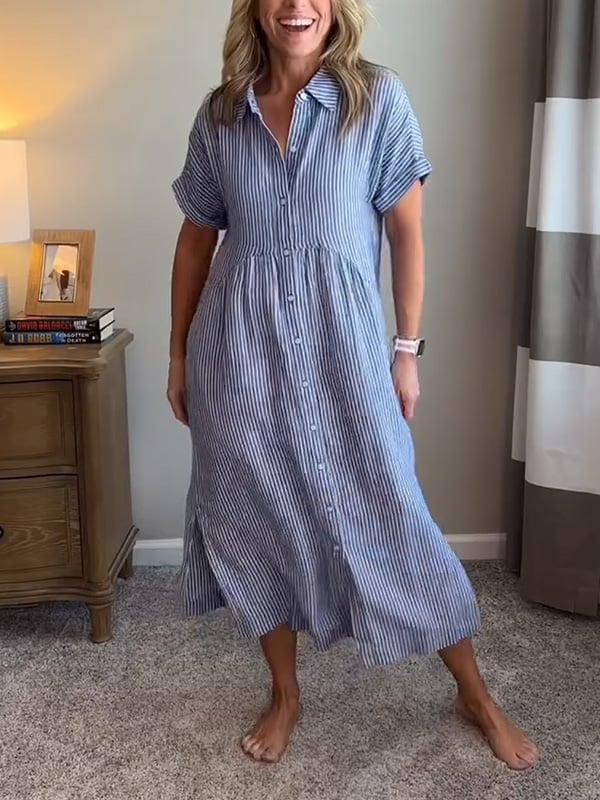 Women’s Striped Summer Midi Shirt Dress with Button-Down Front