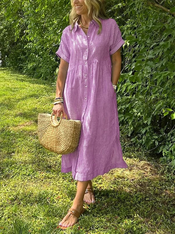 Women’s Striped Summer Midi Shirt Dress with Button-Down Front