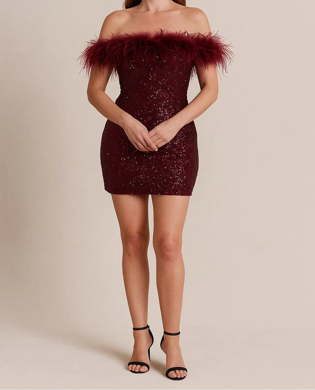 Off Shoulder Mini Dress Women Sequin Detail Feather Trim