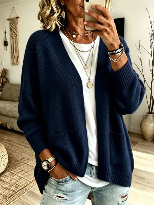 Women’s Long Ribbed V Neck Cardigan with Pockets