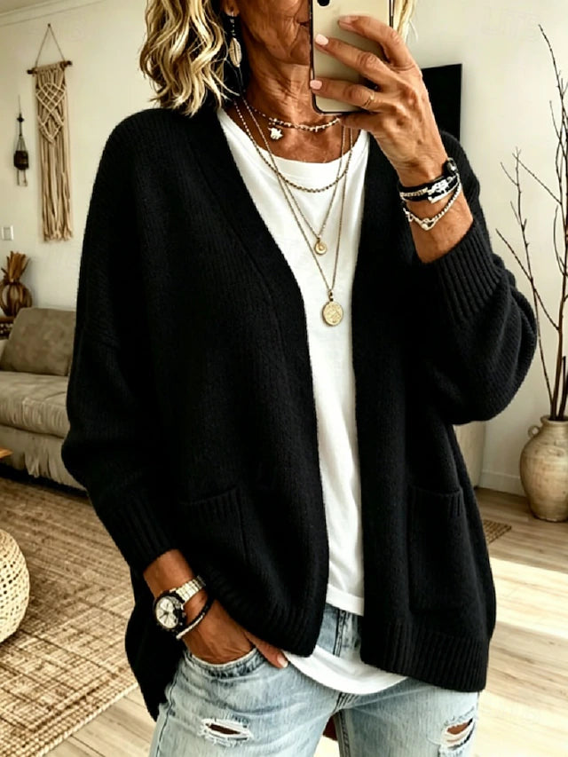 Women’s Long Ribbed V Neck Cardigan with Pockets