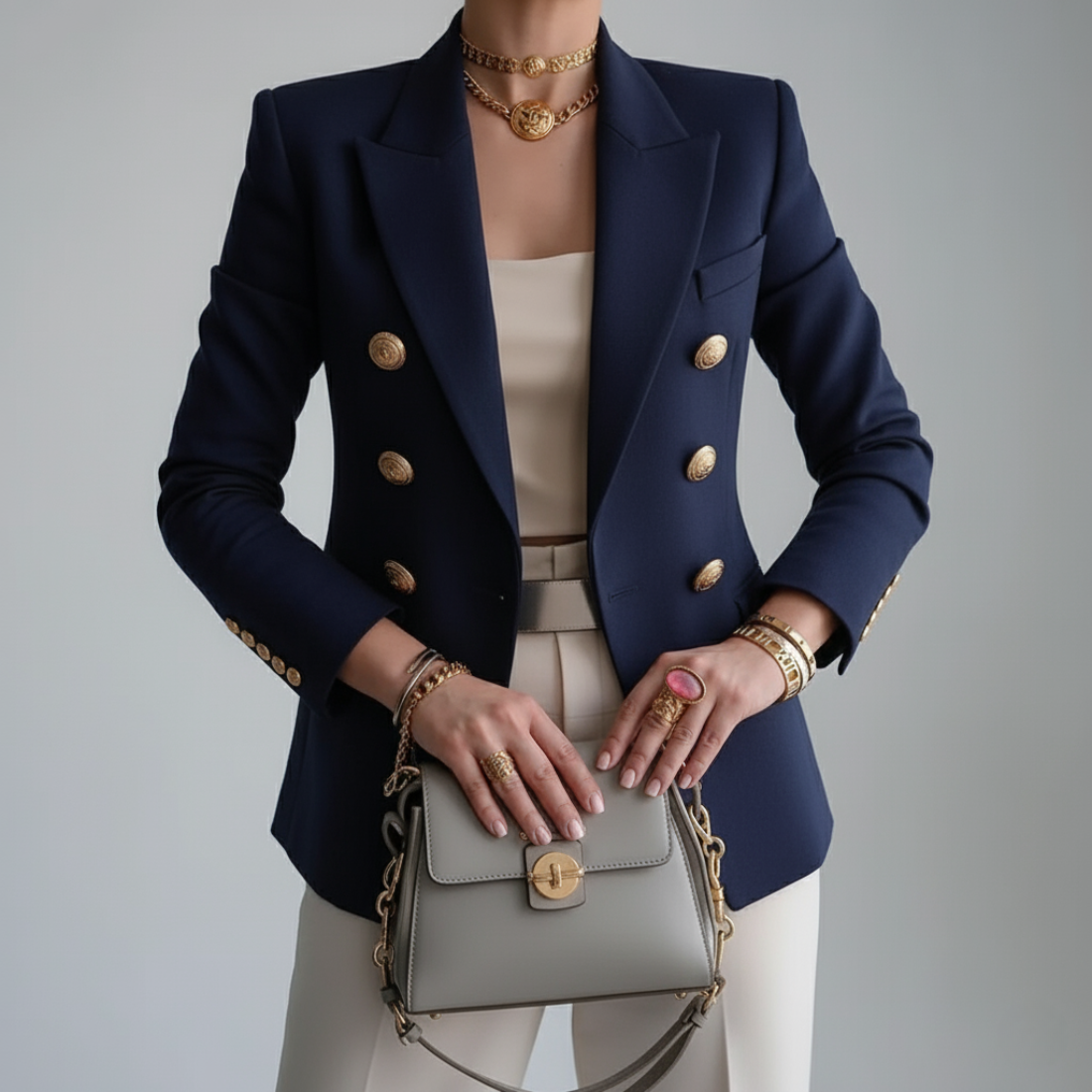 Women’s Double-Breasted Blazer with Gold Buttons