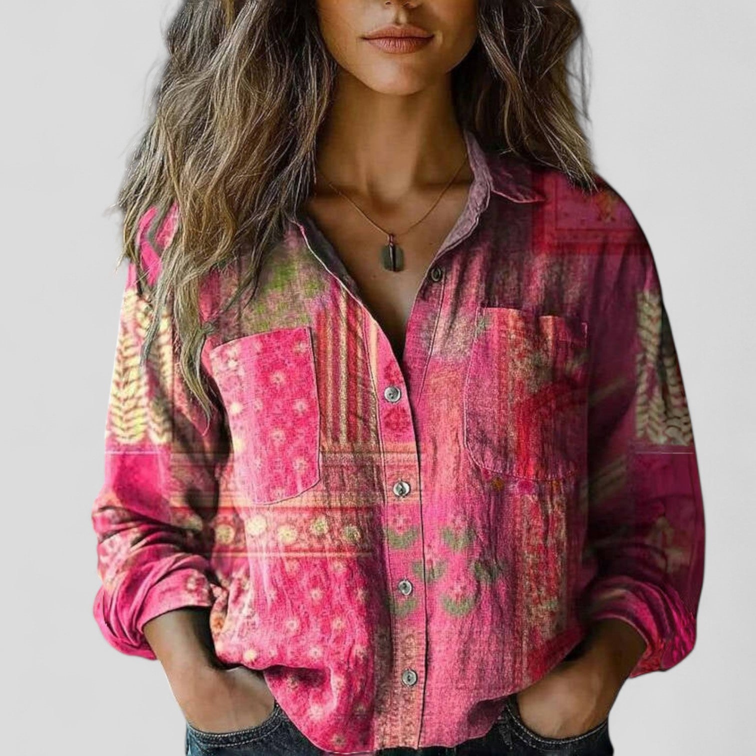 Women’s Floral Button-Down Shirt with Three-Quarter Sleeves