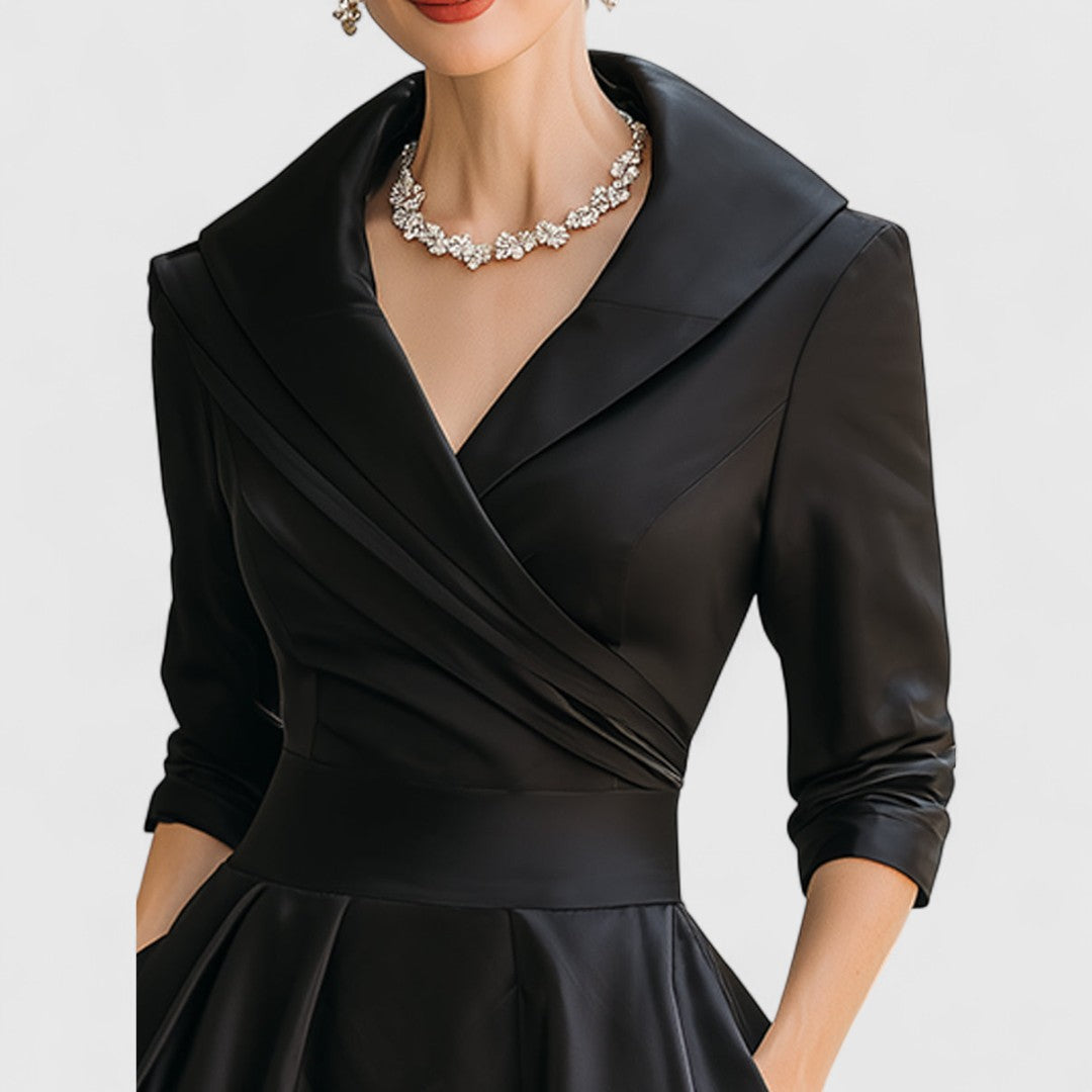 Women’s Elegant Midi Dress with V-Neck and Flared Skirt