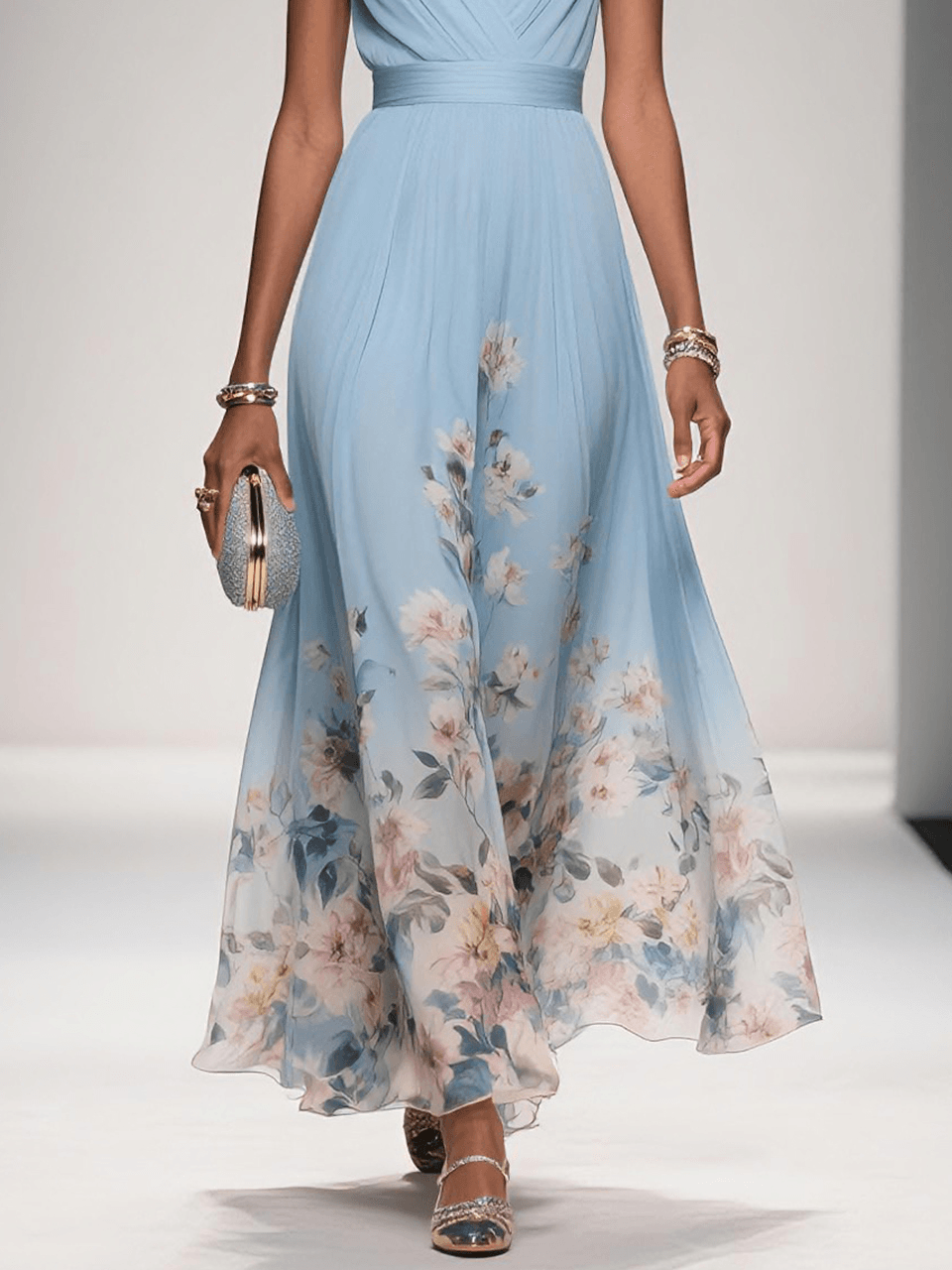 Women’s Floral Wedding Guest Dress with V-Neck