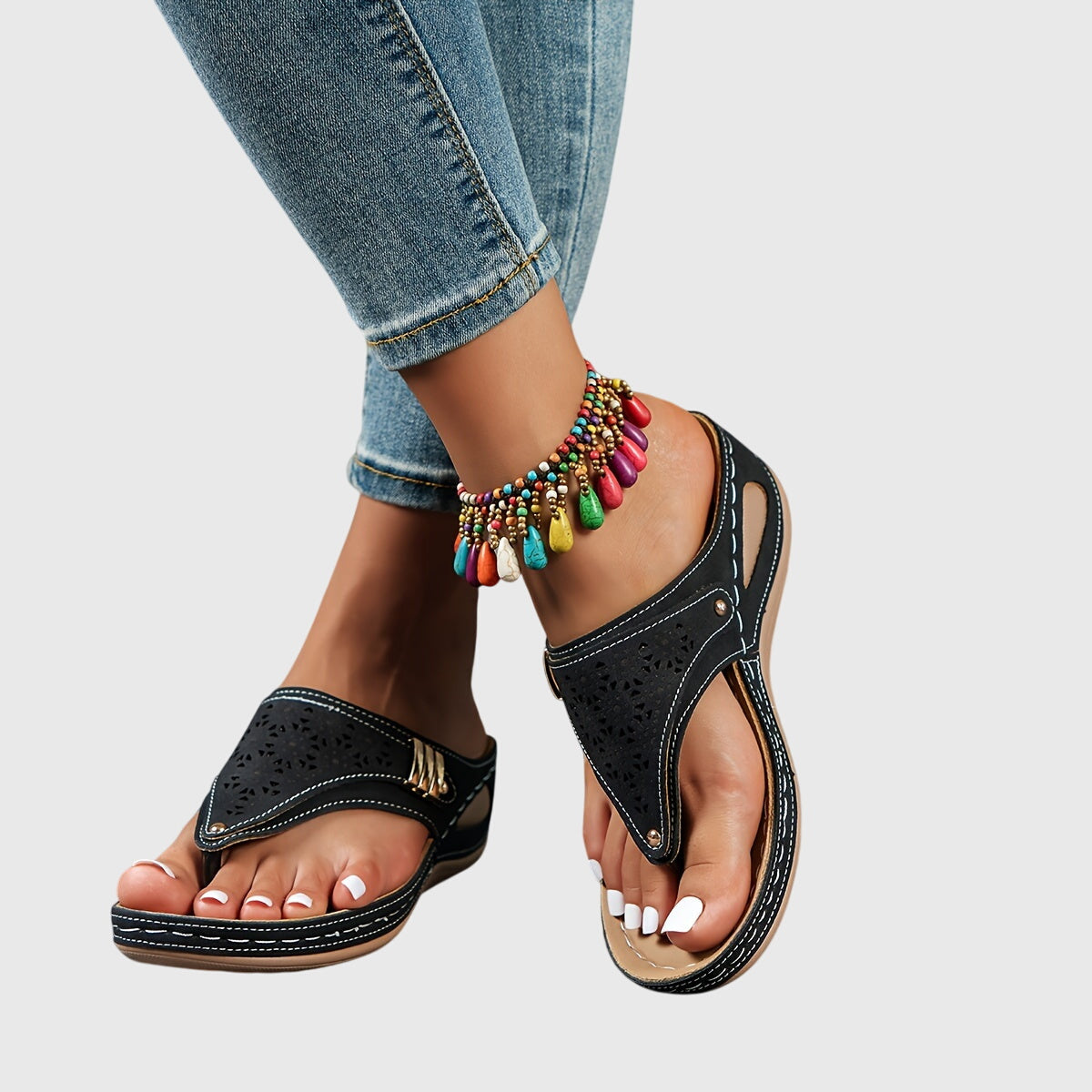 Women’s Platform Thong Sandals with Beaded Ankle Accent