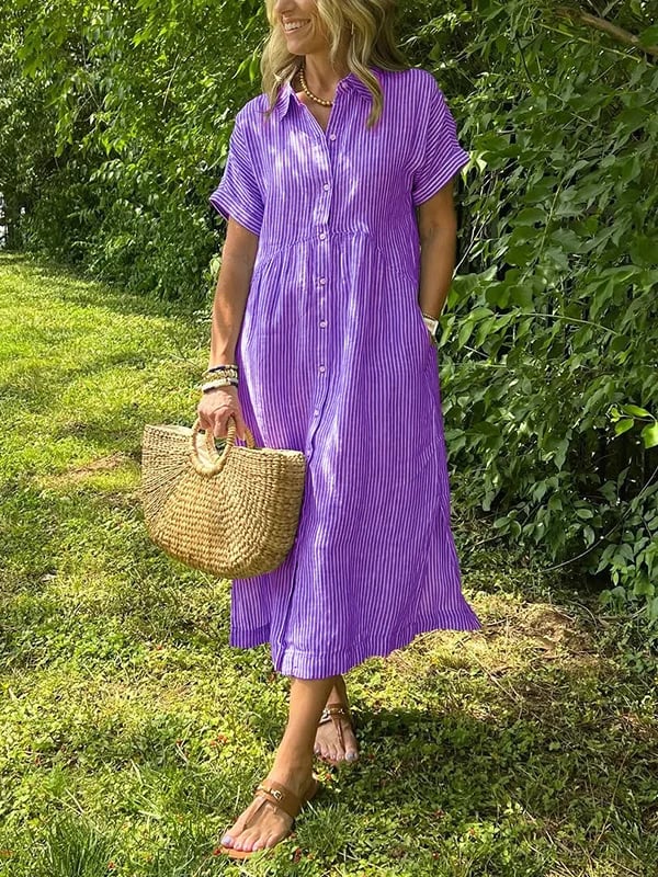 Women’s Striped Summer Midi Shirt Dress with Button-Down Front