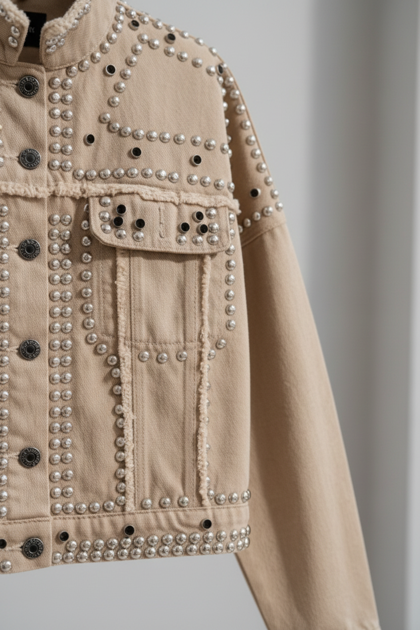 Cropped Womens Jacket with Turned Collar and Studded Surface