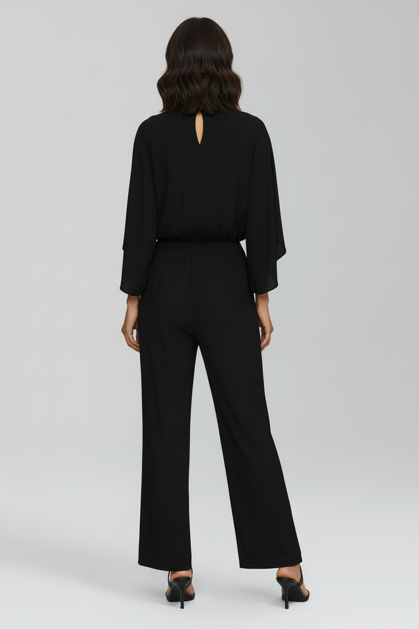 Wide Leg Jumpsuit with Stand Collar and Three Quarter Sleeves