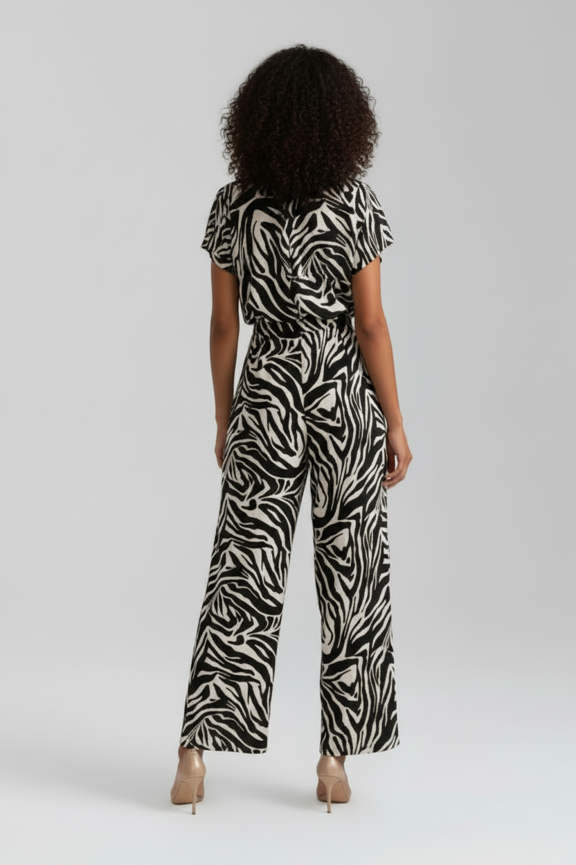 Printed Wide Leg Jumpsuit with V Neckline and Short Sleeves