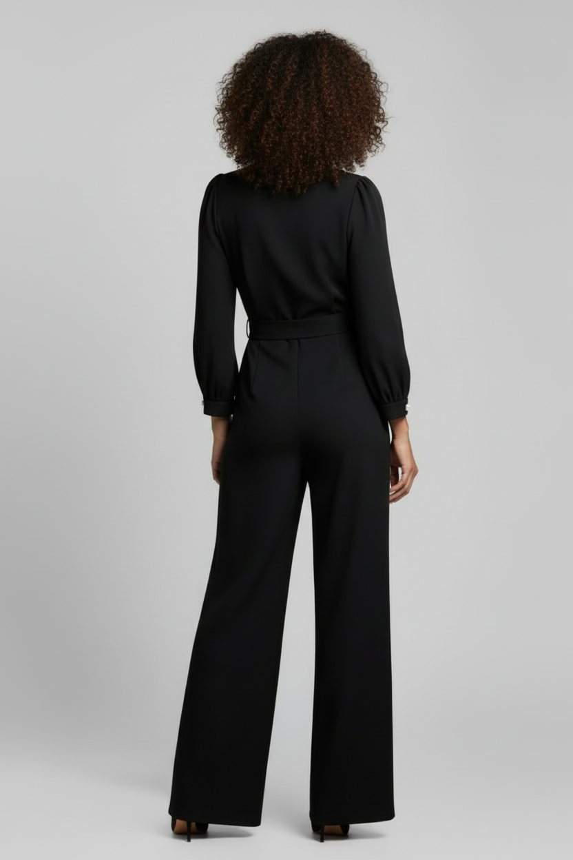 Wide Leg Jumpsuit with V Neckline and Long Sleeves