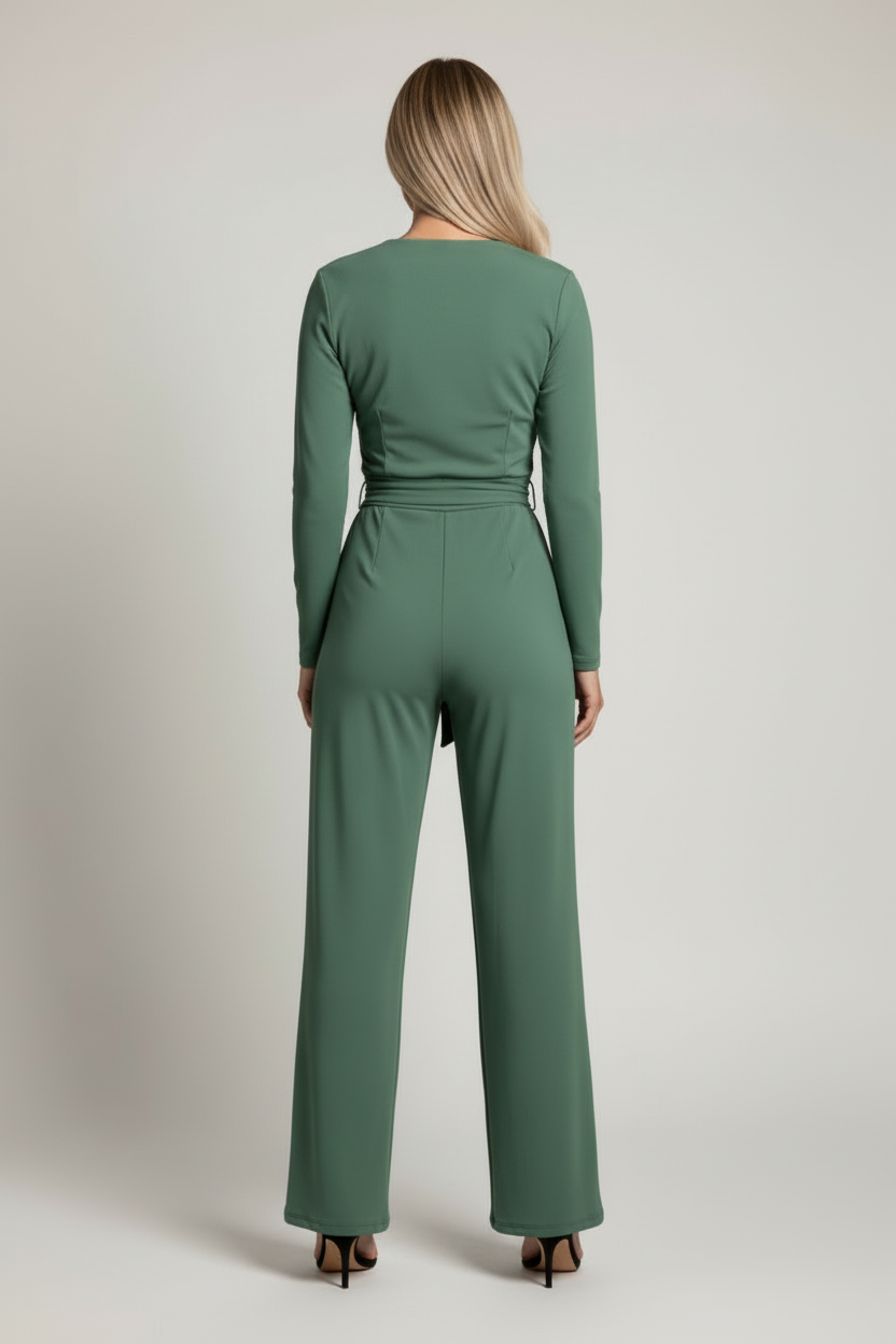 V Neck Wrap Jumpsuit with Tie Waist and Wide Leg Fit