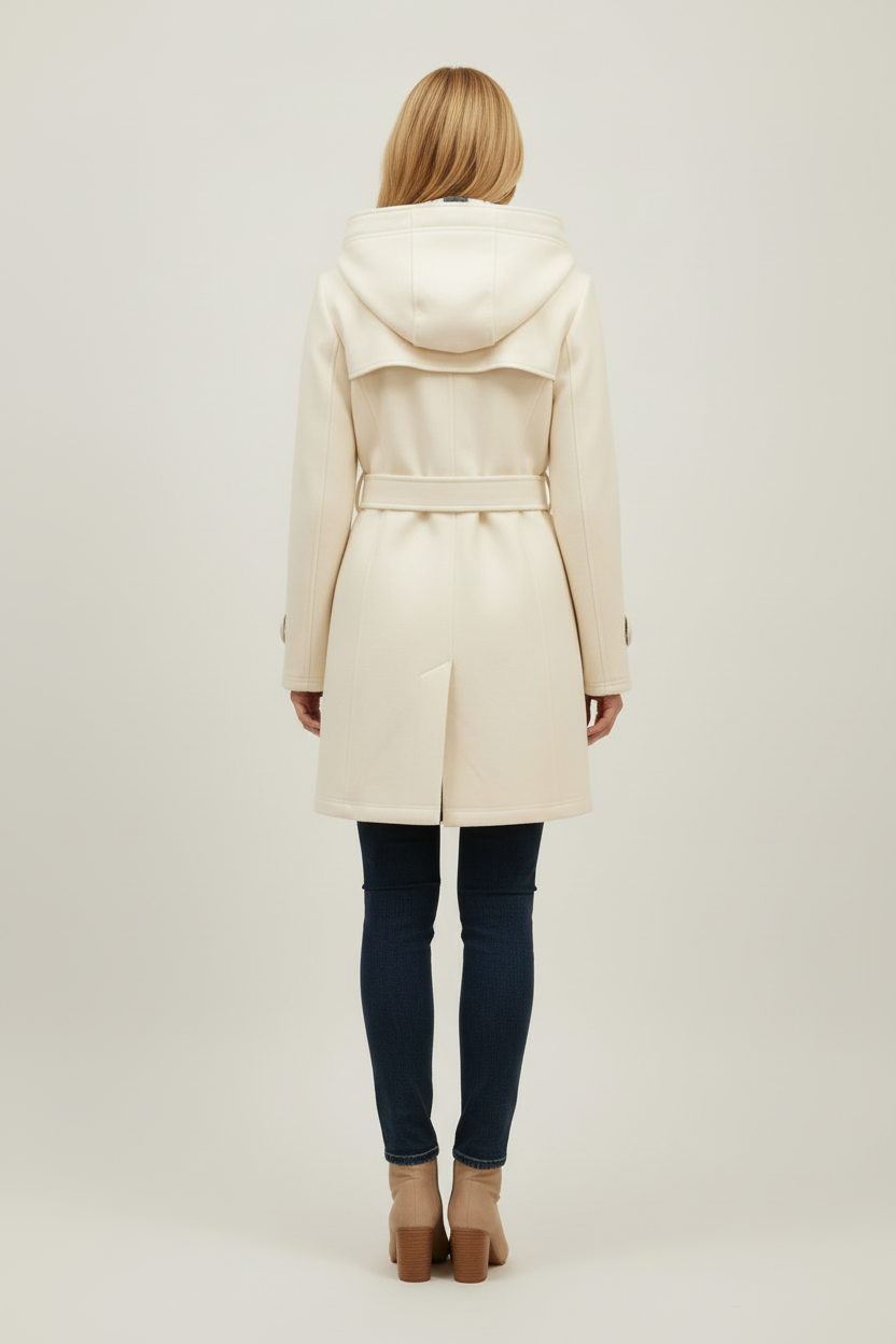 Womens Hooded Coat with Belted Waist and Button Front