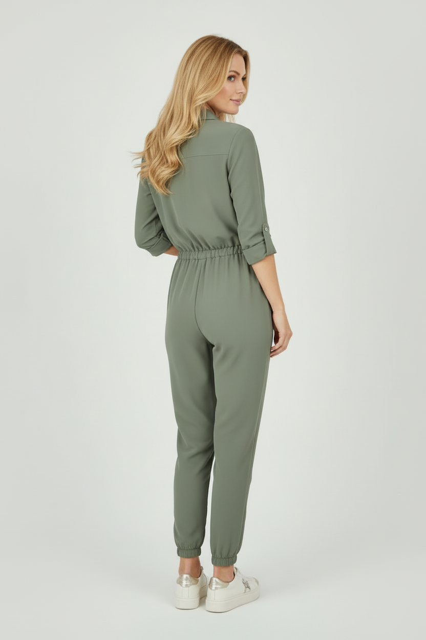 Women’s Button-Front Jumpsuit with Elastic Waist and Collar