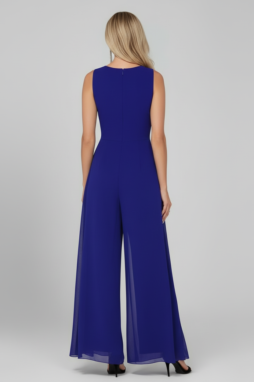 Sleeveless Wide Leg Jumpsuit with Round Neckline and Shaped Waist