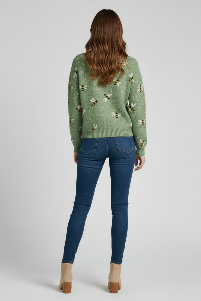 Womens Knit Sweater with Bee Pattern and Textured Body