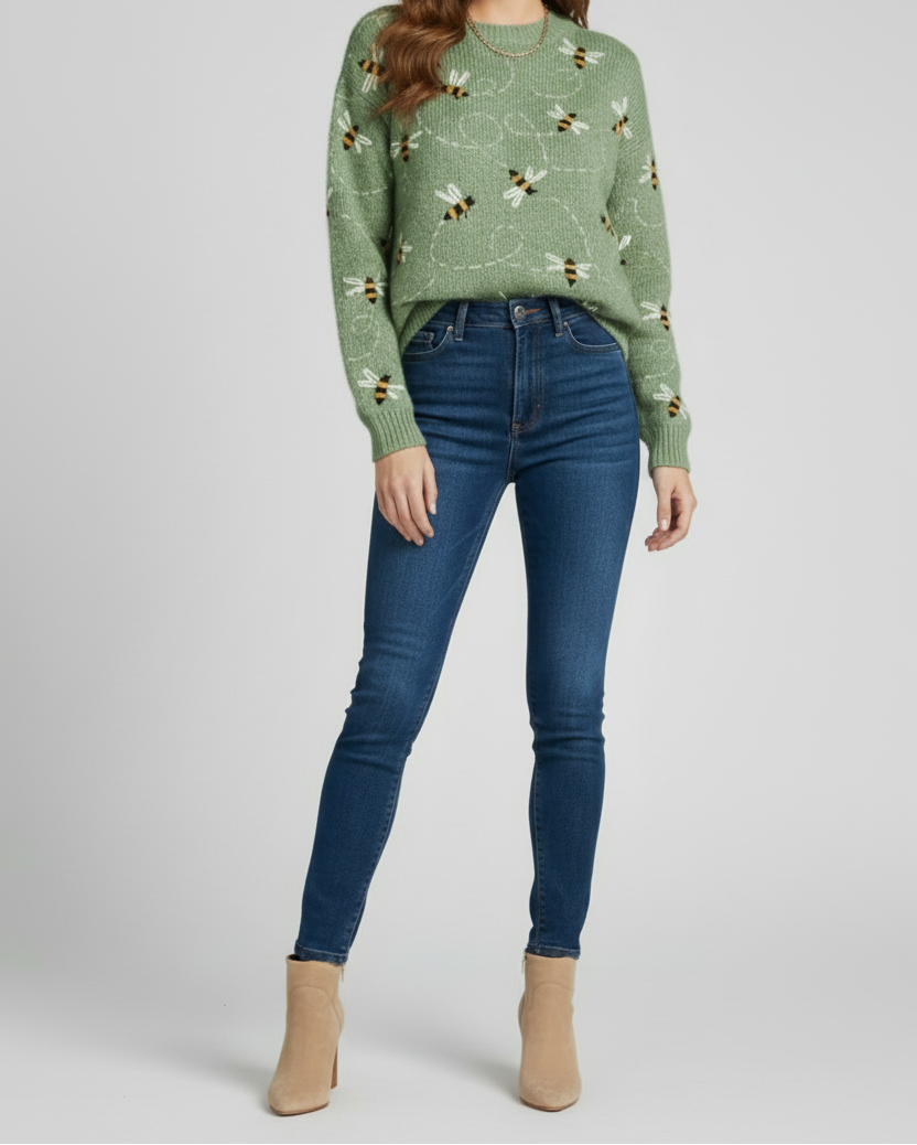 Womens Knit Sweater with Bee Pattern and Textured Body