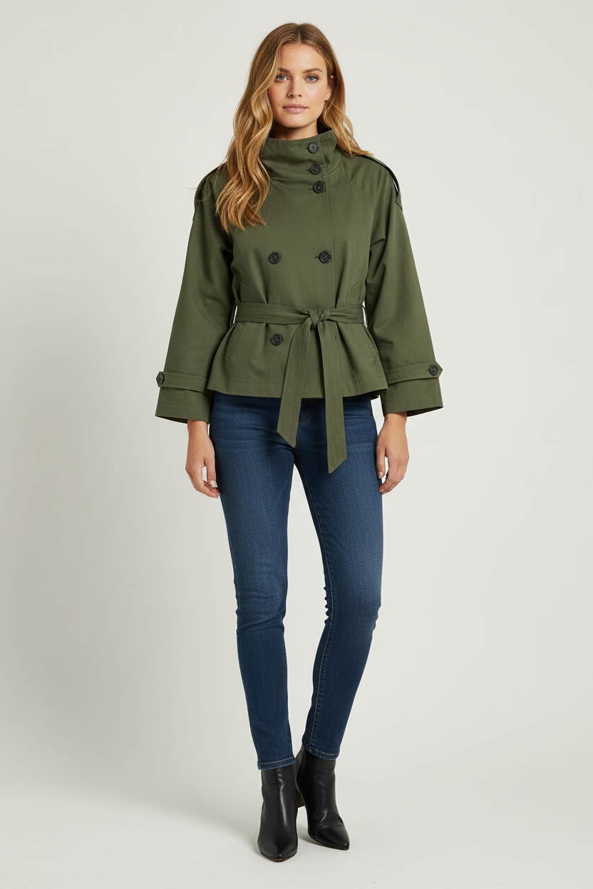 Short Trench Jacket with High Neck and Belted Waist