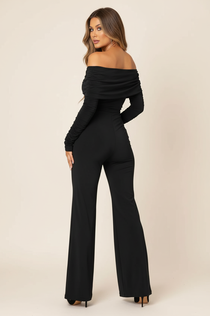 V Neck Crossover Jumpsuit With Flared Trousers