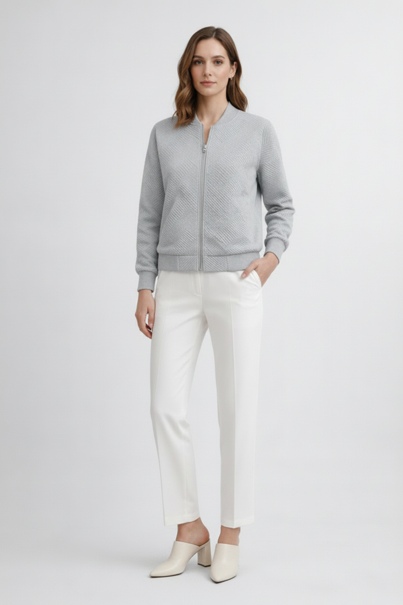 Women’s Textured Bomber Jacket with Ribbed Cuffs and Zip Front