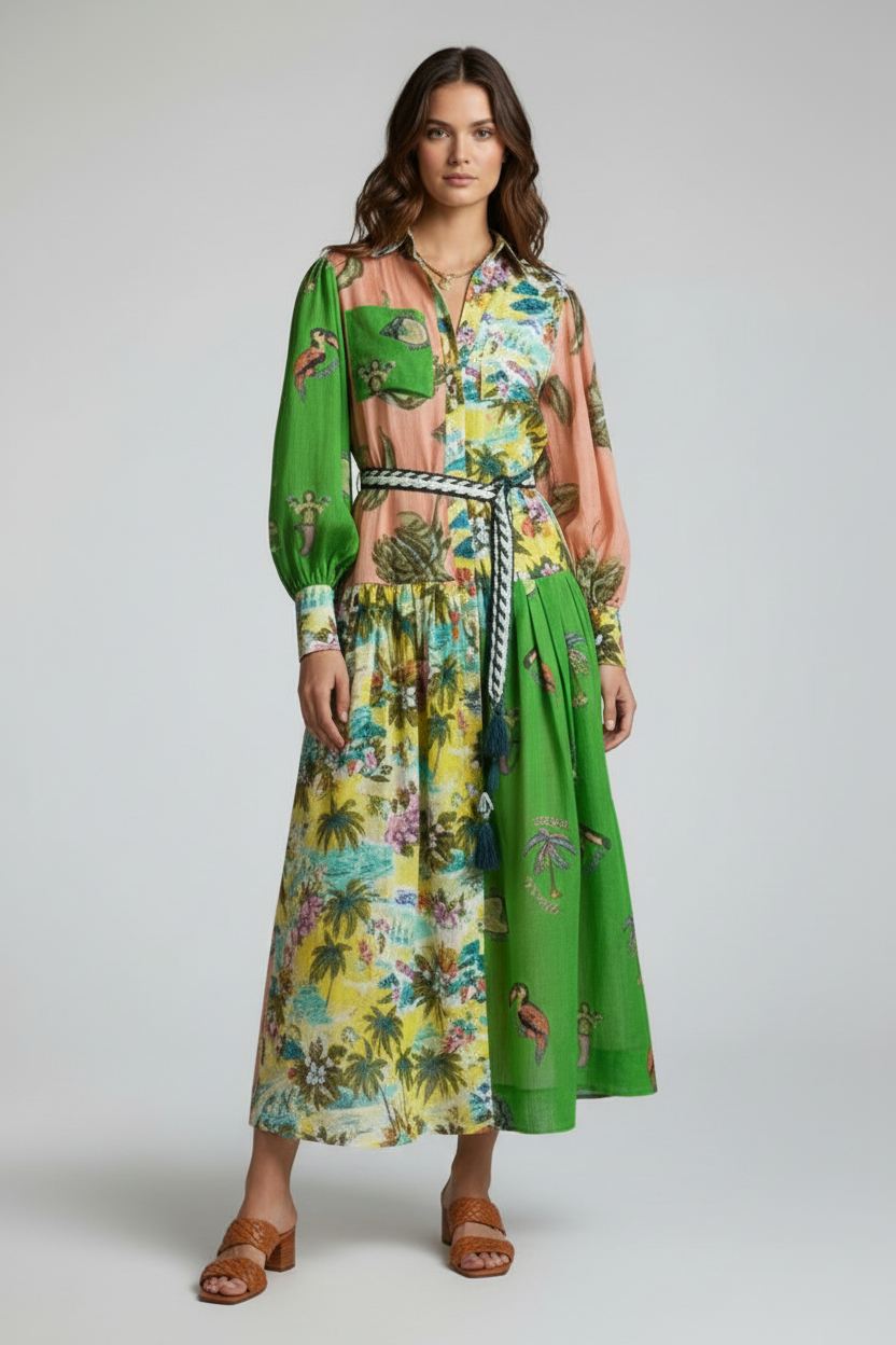 Women’s Printed Maxi Dress with V-Neck and Long Sleeves
