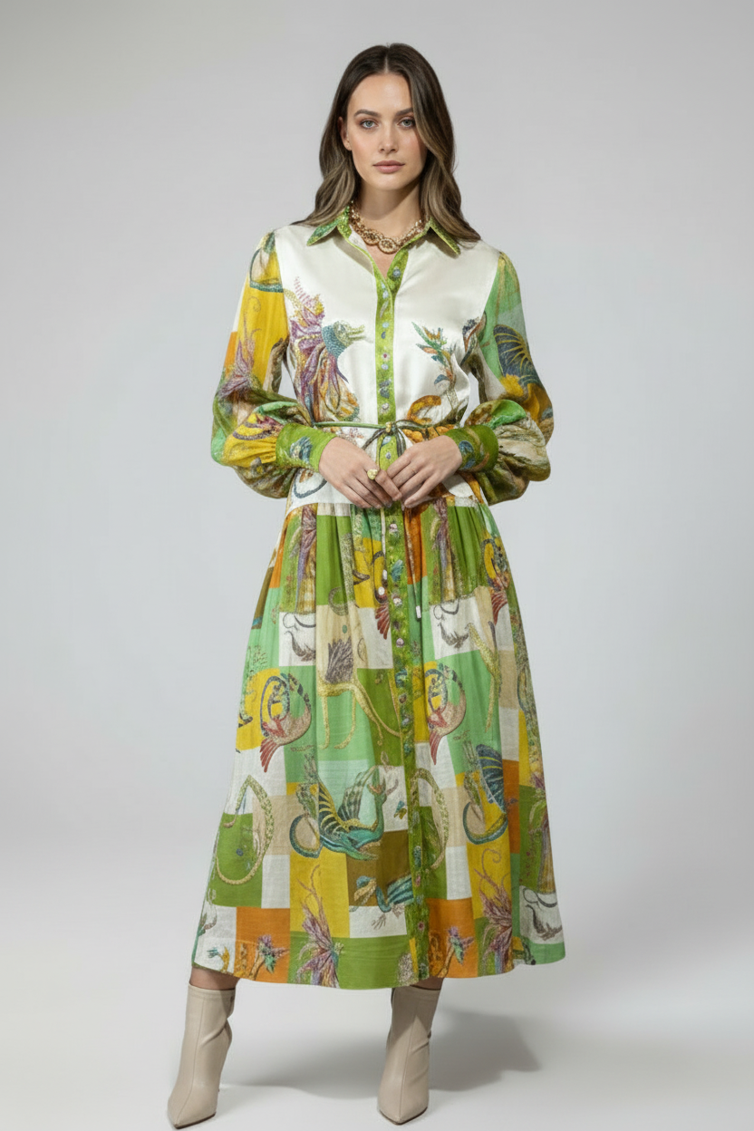 Women’s Printed Maxi Dress with V-Neck and Long Sleeves