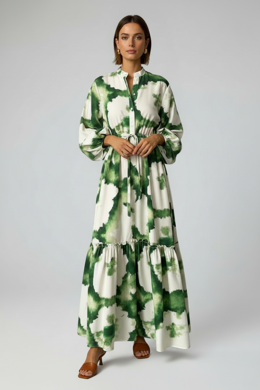 Women’s Printed Maxi Dress with V-Neck and Long Sleeves