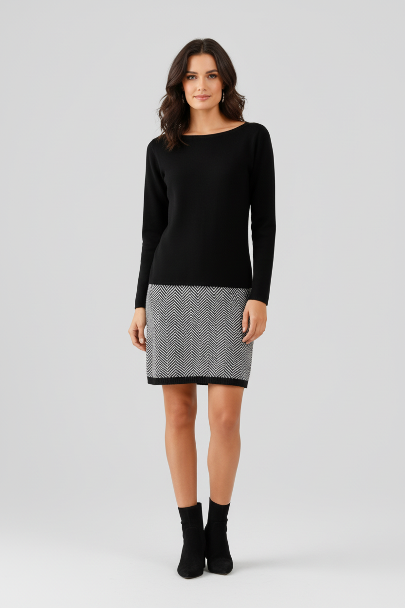 Short Dress with Long Sleeves and Patterned Hem