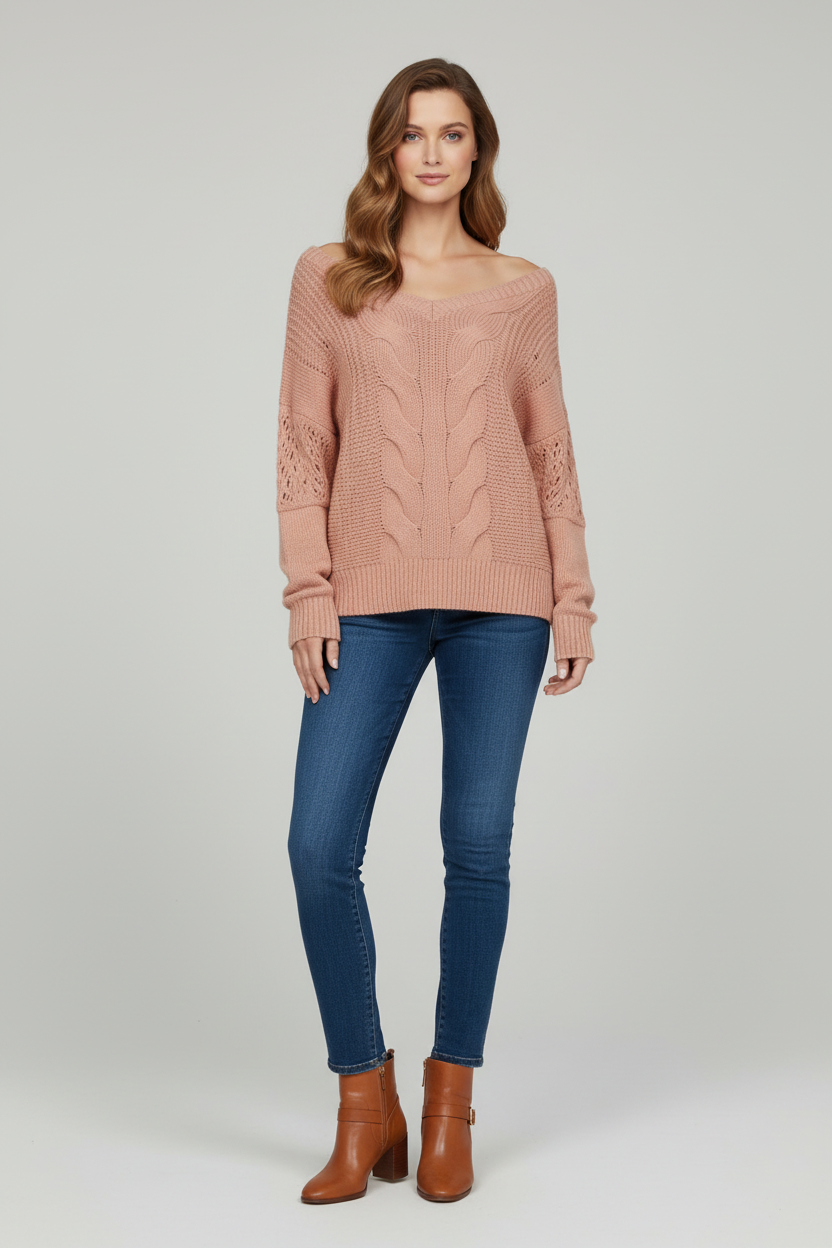 Afslappet Pasform Strik Sweater med Rund Udsnit og Lange Ærmer
