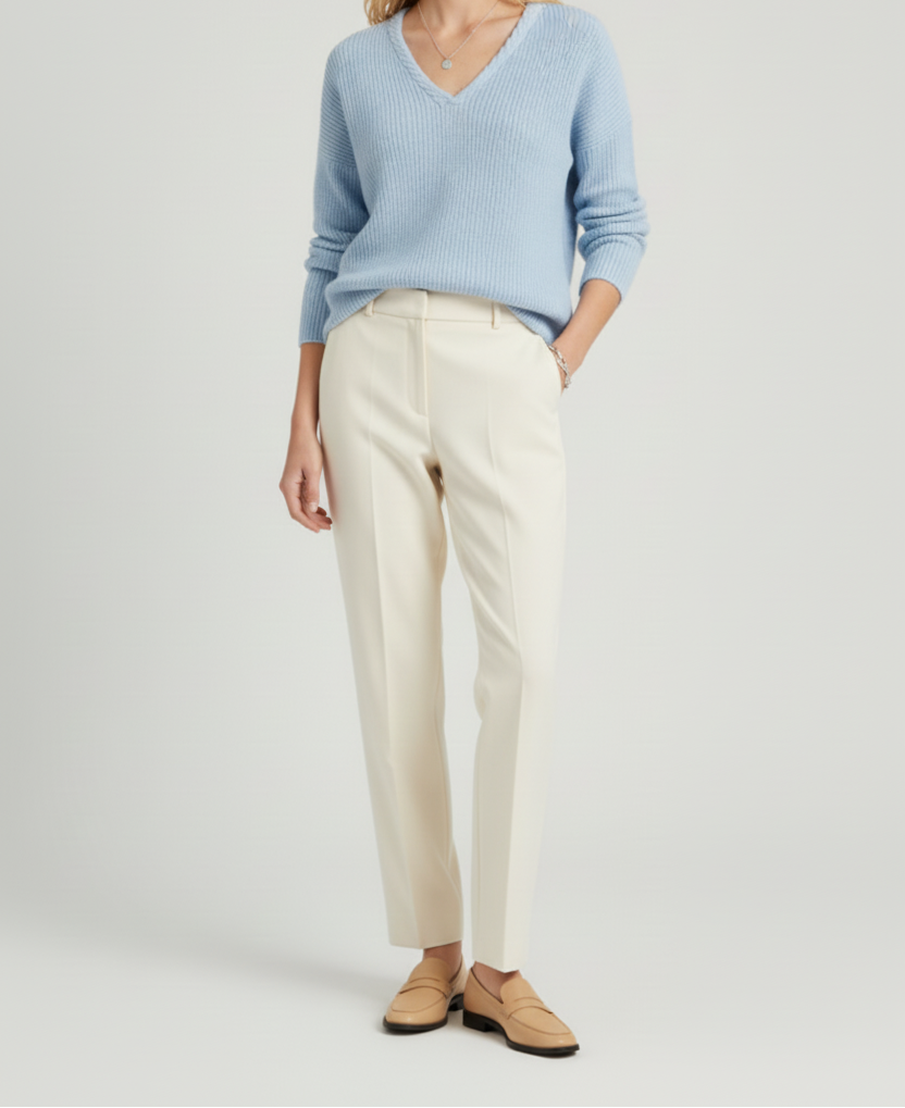 Ribbed V Neck Womens Pullover with Straight Hem