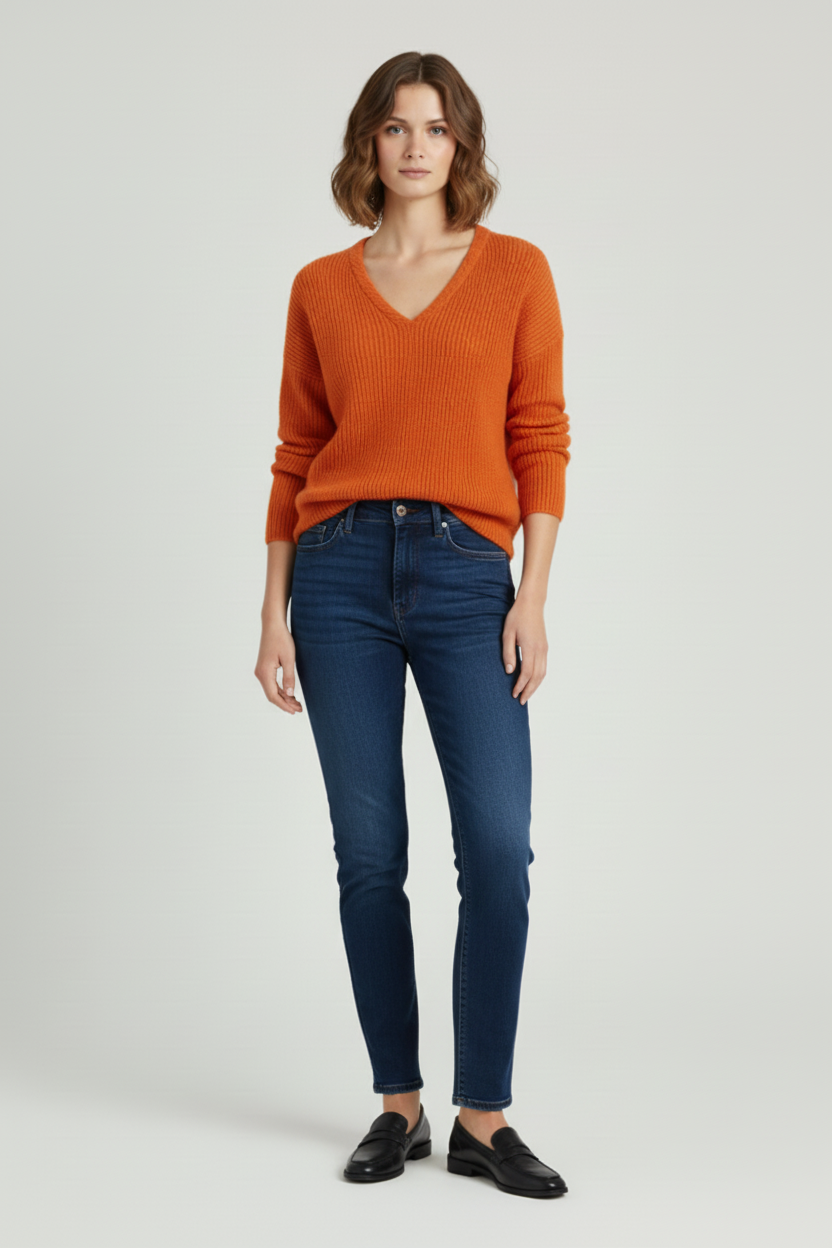 Ribbed V Neck Womens Pullover with Straight Hem