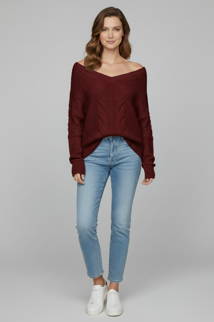Afslappet Pasform Strik Sweater med Rund Udsnit og Lange Ærmer