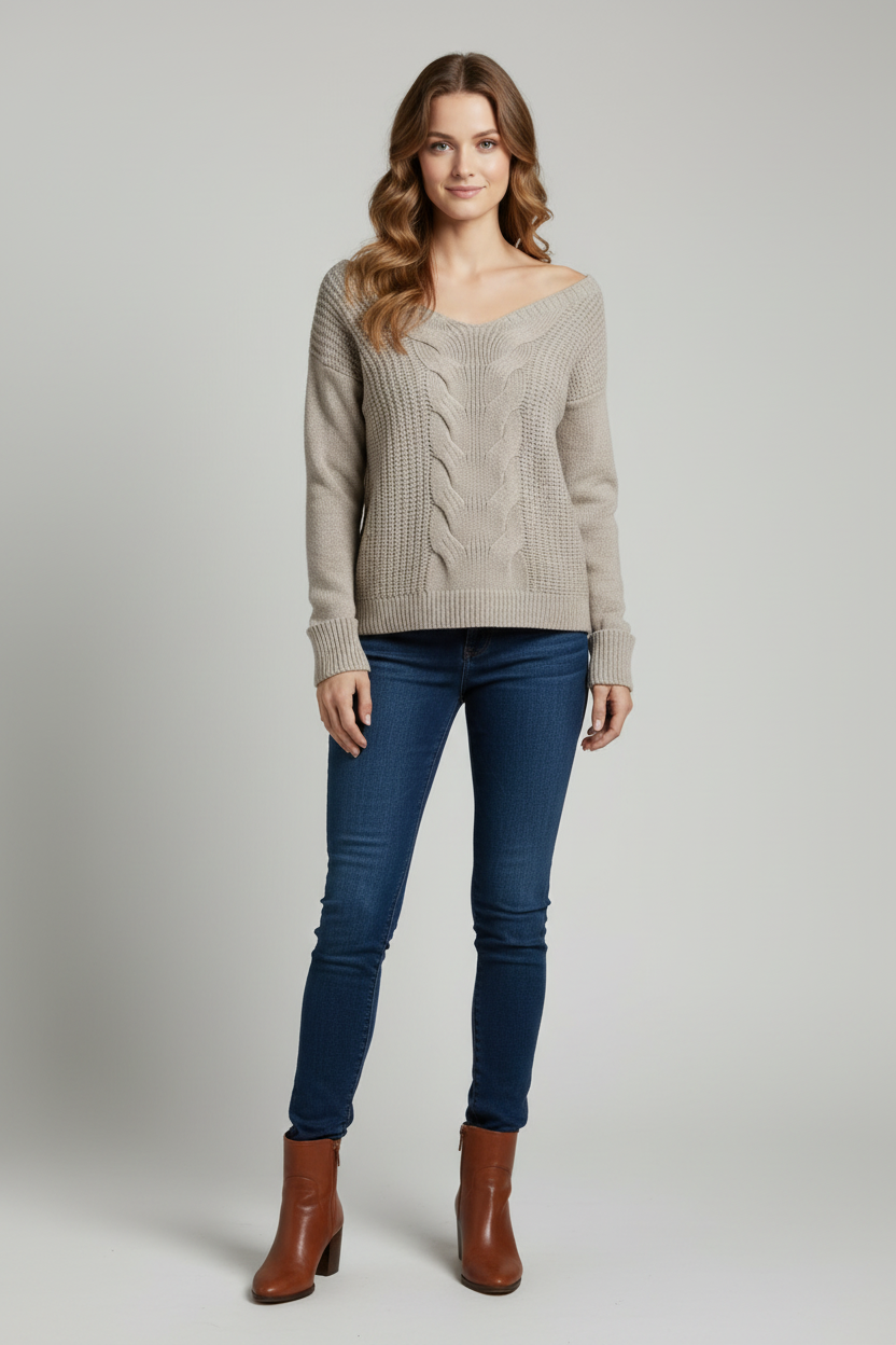 Afslappet Pasform Strik Sweater med Rund Udsnit og Lange Ærmer