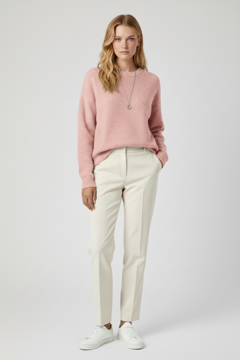 Klassisk Rund Udsnit Strik Sweater med Lange Ærmer