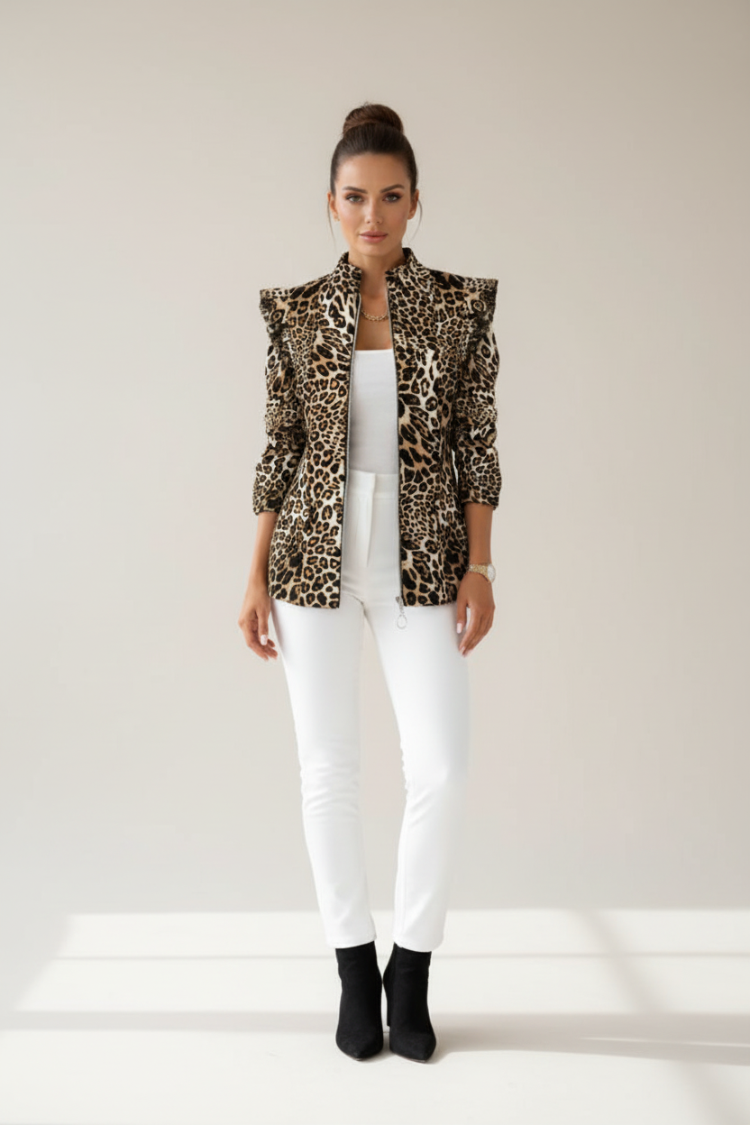 Patterned Womens Jacket with Stand Up Collar and Zip Front