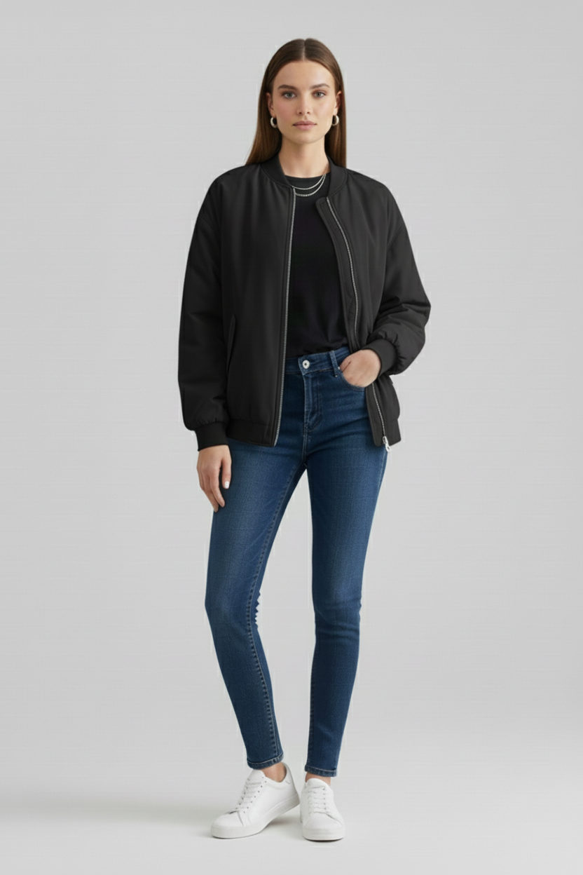 Zip Front Bomber Jacket with Ribbed Crew Neck