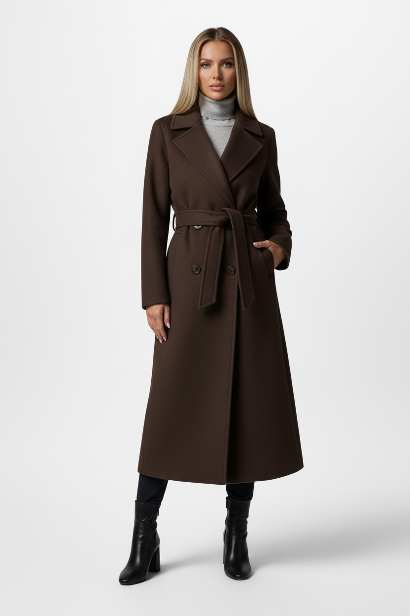 Long Womens Coat with Double Button Front and Belted Waist