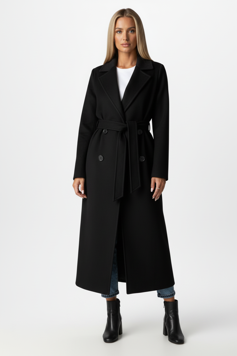 Long Womens Coat with Double Button Front and Belted Waist
