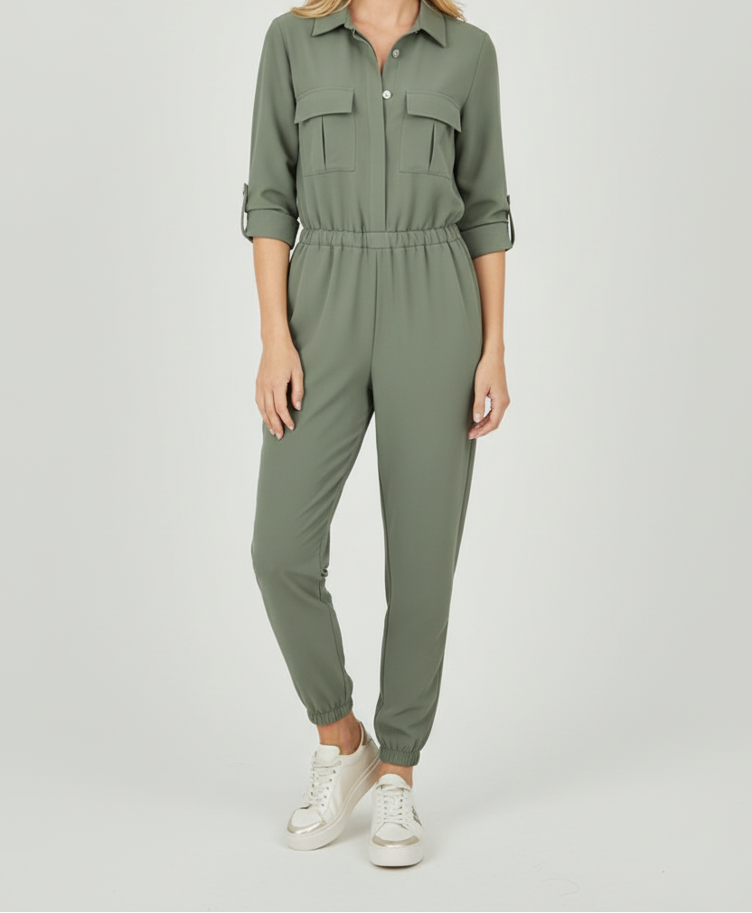 Women’s Button-Front Jumpsuit with Elastic Waist and Collar