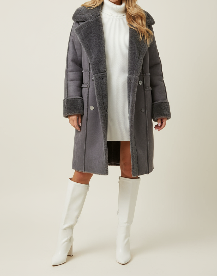 Oversized Faux Shearling Coat Women Elegant Winter Look with Double Breasted Style