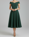 Off Shoulder Midi Dress with Shaped Bodice and Flared Skirt