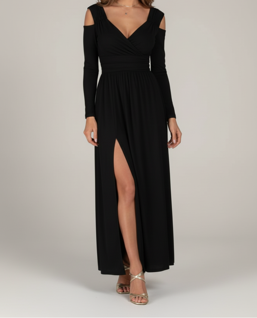 V Neck Maxi Dress with Shoulder Cut Outs and Side Slit