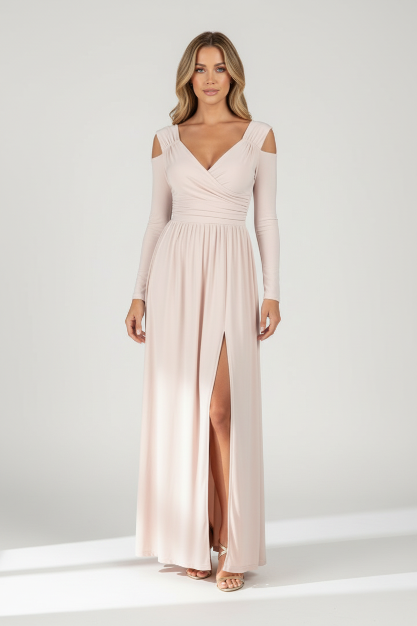 V Neck Maxi Dress with Shoulder Cut Outs and Side Slit