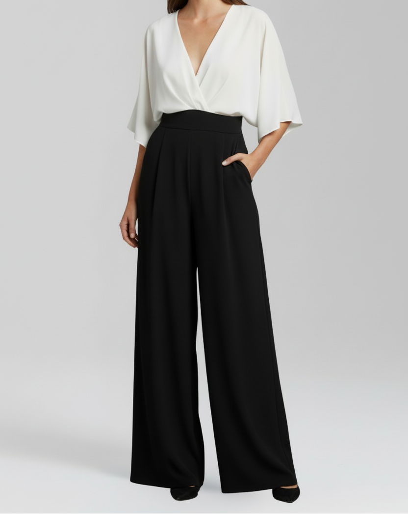 Women’s Loose-Fit Jumpsuit with V Neck and Batwing Sleeves