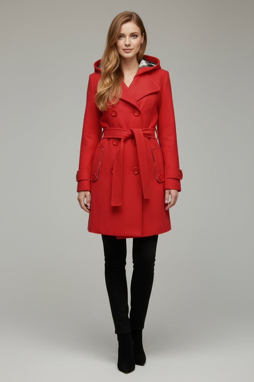 Womens Hooded Coat with Belted Waist and Button Front